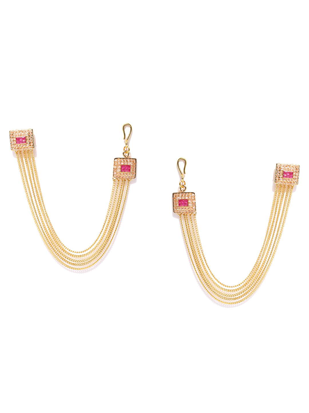 YouBella Gold-Toned  Pink Square Studs with Ear Chains